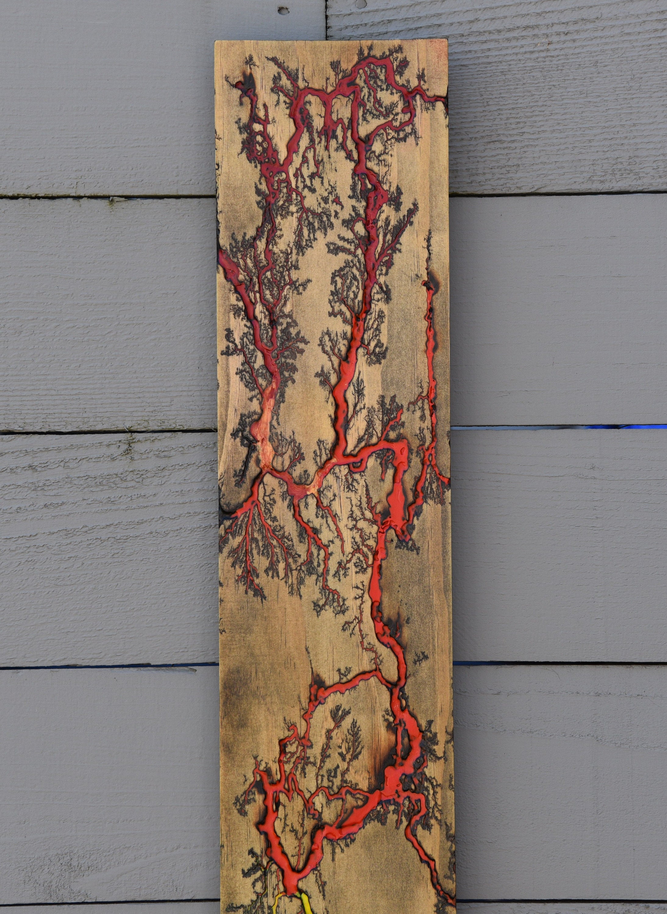 Handcrafted Lichtenburg Wood Panel: Embedded Colors of Red, Yellow