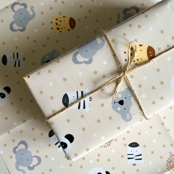 New Baby Gift Wrap, Baby Wrapping Paper, 1st Birthday Gift Paper, 2nd Birthday Paper, Kids Birthday, Cute, Animals, Beige, Neutral