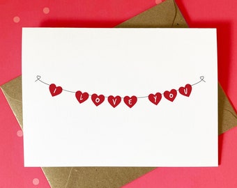 Cute Valentines Card, Valentines Card For Her, For Him, Hearts, Bunting, Simple, Modern, I Love You Card, UK