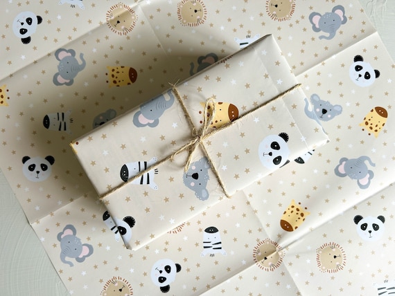 New Baby Gift Wrap, Baby Wrapping Paper, 1st Birthday Gift Paper, 2nd Birthday Paper, Kids Birthday, Cute, Animals, Beige, Neutral