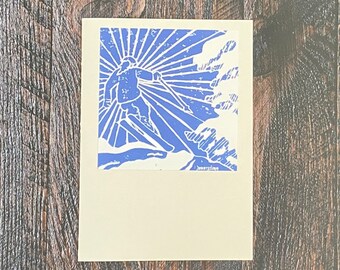 Skier 5x7” Greeting Card (blank inside, print from original, hand-carved Blockprint) 2023 Holiday Series