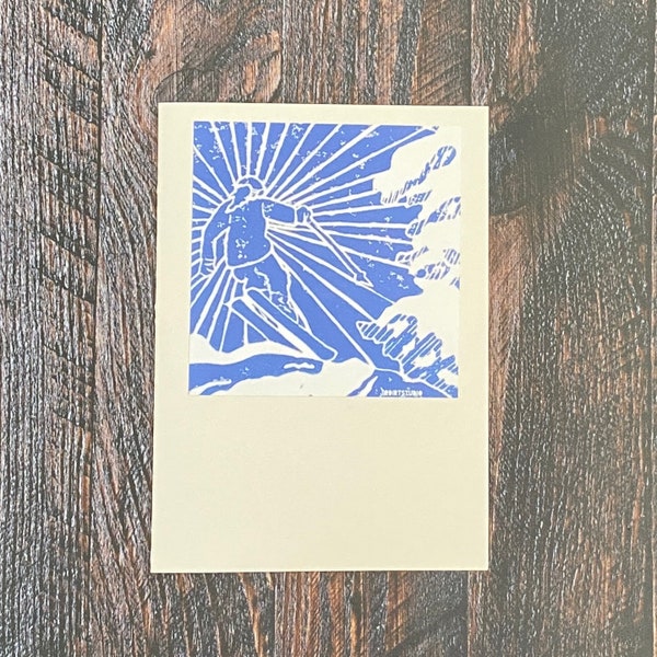 Skier 5x7” Greeting Card (blank inside, print from original, hand-carved Blockprint) 2023 Holiday Series