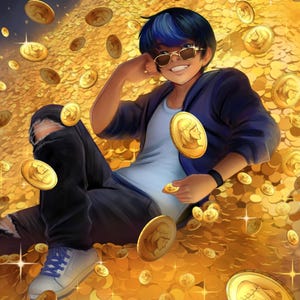 May include: An illustration of a person sitting in a pile of gold coins. The person is wearing sunglasses, a blue jacket, a white t-shirt, black jeans, and white sneakers. Gold coins are scattered around the person.