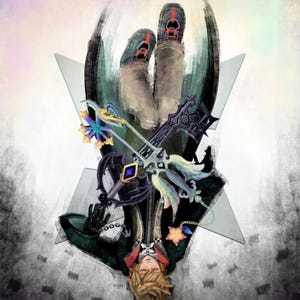 May include: A stylized illustration of a character from a video game, with a keyblade weapon, falling through a white and gray background. The character is wearing a black and green outfit and has blonde hair.