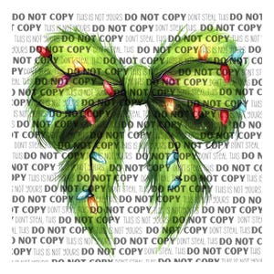 May include: A green watercolor bow with a string of colorful Christmas lights wrapped around it. The bow is decorated with a white, feathery texture. The image has the text "DO NOT COPY" repeated throughout.