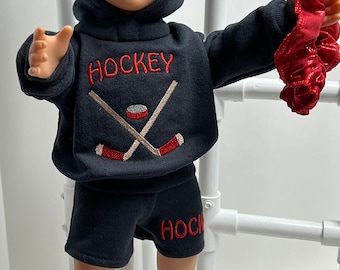 Moletom preto com capuz para hóquei, compatível com bonecas American Girl.