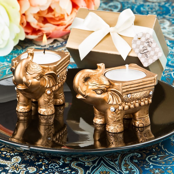 Gold Good Luck Elephant Candle Holder Favor, Indian Elephant Favor, Gold and Rhinestone Elephant Candle, Hand Painted Resin Elephant Candle