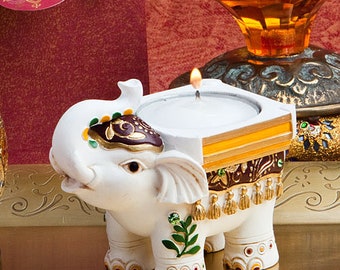 Ivory Good Luck Elephant Candle Holder Favor, Indian Elephant Favor, Italian Themed Elephant Candle, Hand Painted Resin Elephant Candle