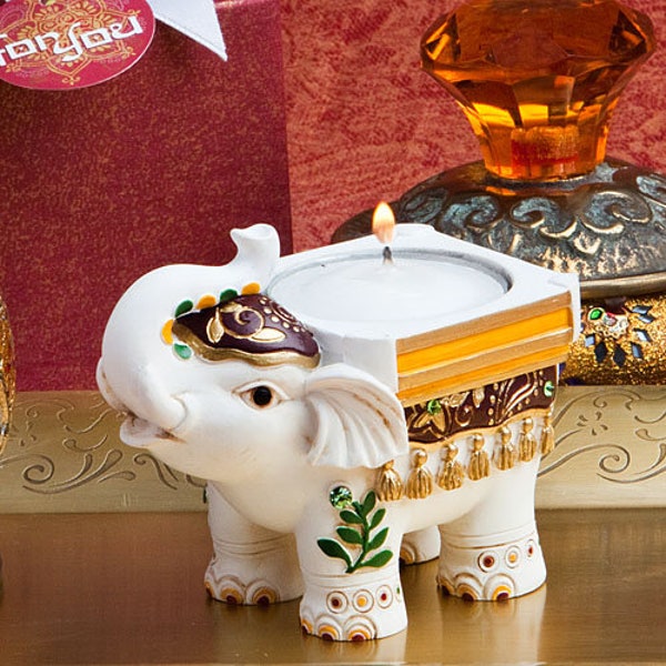 Ivory Good Luck Elephant Candle Holder Favor, Indian Elephant Favor, Italian Themed Elephant Candle, Hand Painted Resin Elephant Candle