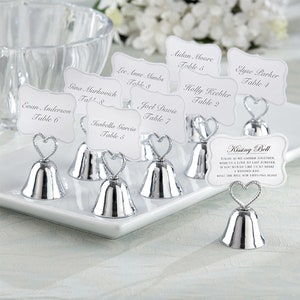 Silver Kissing Bell Place Card Holders (Set of 24), Silver Wedding Bells, Wedding Bell Favor, Reception Table Bell, Bell Photo Holder Favor