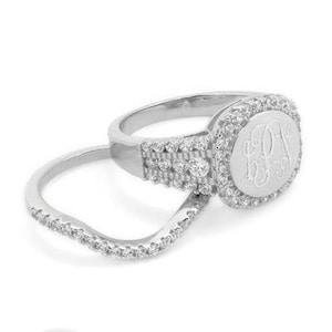 Engraved Sterling Silver CZ Ring, Monogram Fancy CZ Ring, Cushion CZ Ring with Stackable Curved Band