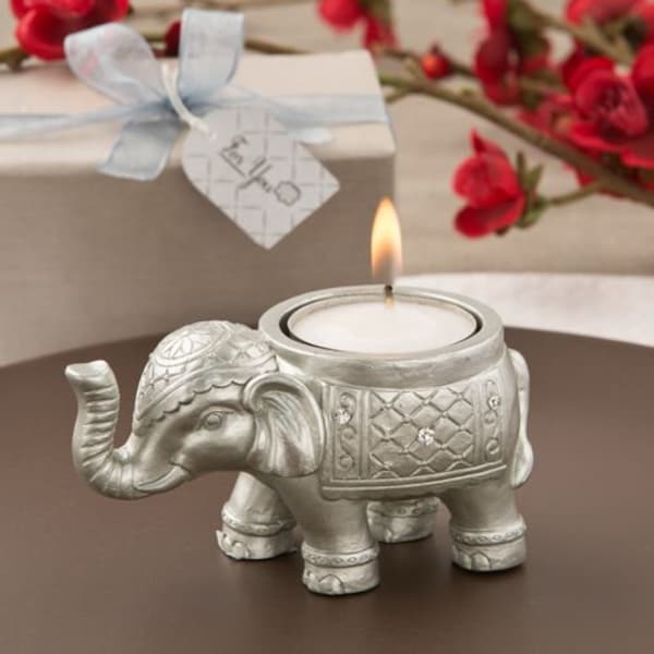 Gold Good Luck Elephant Silver Candle Holder, Silver Indian Elephant Favor, Silver Elephant Candle, Hand Painted Resin Elephant Candle