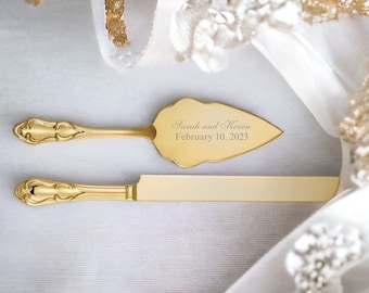 Engraved Gold Serving Set,  Gold Wedding Cake Knife Set, Personalized Cake Server Set, Wedding Serving Set, Engraved Server, Elegant Server