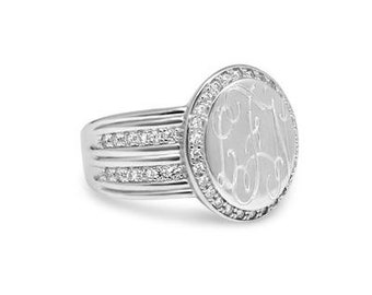Monogram Sterling Silver CZ Ring, Engraved Sterling Silver CZ Ring, Personalized Ring with CZ's, Fancy Monogram Ring
