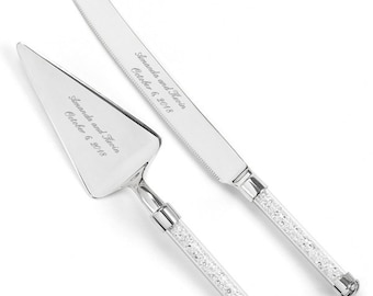 Engraved Server Set, Glittering Beads Engraved Wedding Cake Knife and Server Set, Elegant Serving Set, Personalized Wedding Serving Set