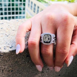 Monogram Ring, Engraved Stackable Ring, CZ Stacked Monogram Ring, Engraved Ring, Sterling Silver Stackable Ring