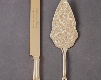 Engraved Gold Traditional Server Set, Personalized Gold Cake Knife Set, Elegant Serving Set, Wedding Serving Set