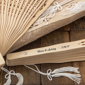 25-300 Personalized Wedding Fans, Intricately Carved Personalized Sandalwood Fan Favors, Monogram Wedding Fans, Special Event Fans image 2