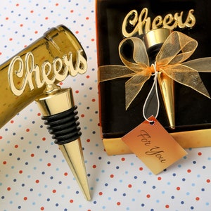 Cheers Gold Metal Bottle Stopper Favor, Cheers Wine Stopper, Gold Cheers Party Decor, Wine Wedding Favor, Wine Stopper Favor