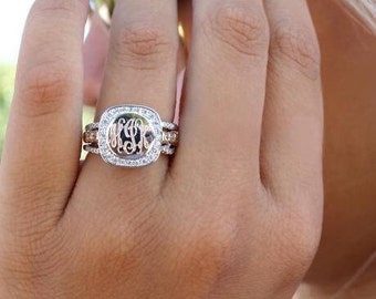 Monogram Sterling Silver CZ Ring, Engraved Sterling Silver CZ Ring, Personalized Ring with CZ's, Fancy Monogram Ring, 3 Piece stacked ring