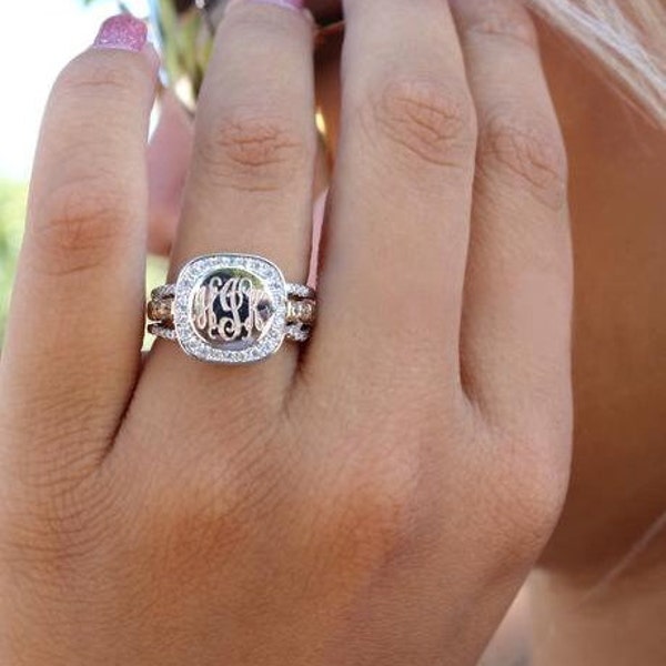 Monogram Sterling Silver CZ Ring, Engraved Sterling Silver CZ Ring, Personalized Ring with CZ's, Fancy Monogram Ring, 3 Piece stacked ring