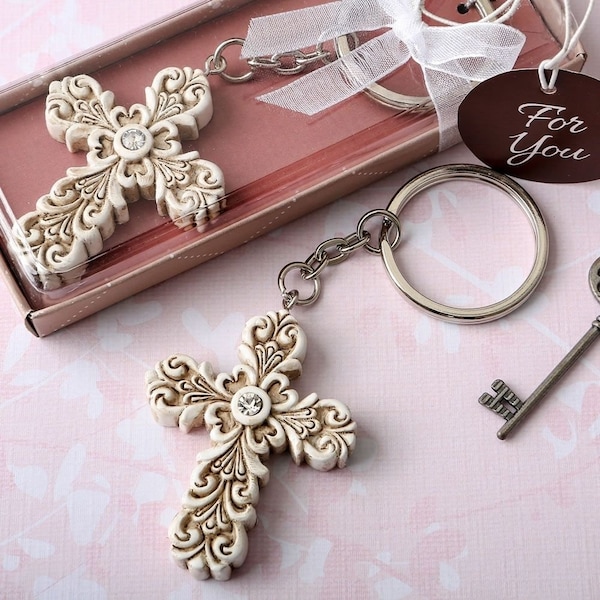 Ivory Cross Keychain, Vintage Cross Theme Favor,  Baroque Cross Keychain, Memorial Keychain, Communion Favor, Christian Favor, Baptism Favor