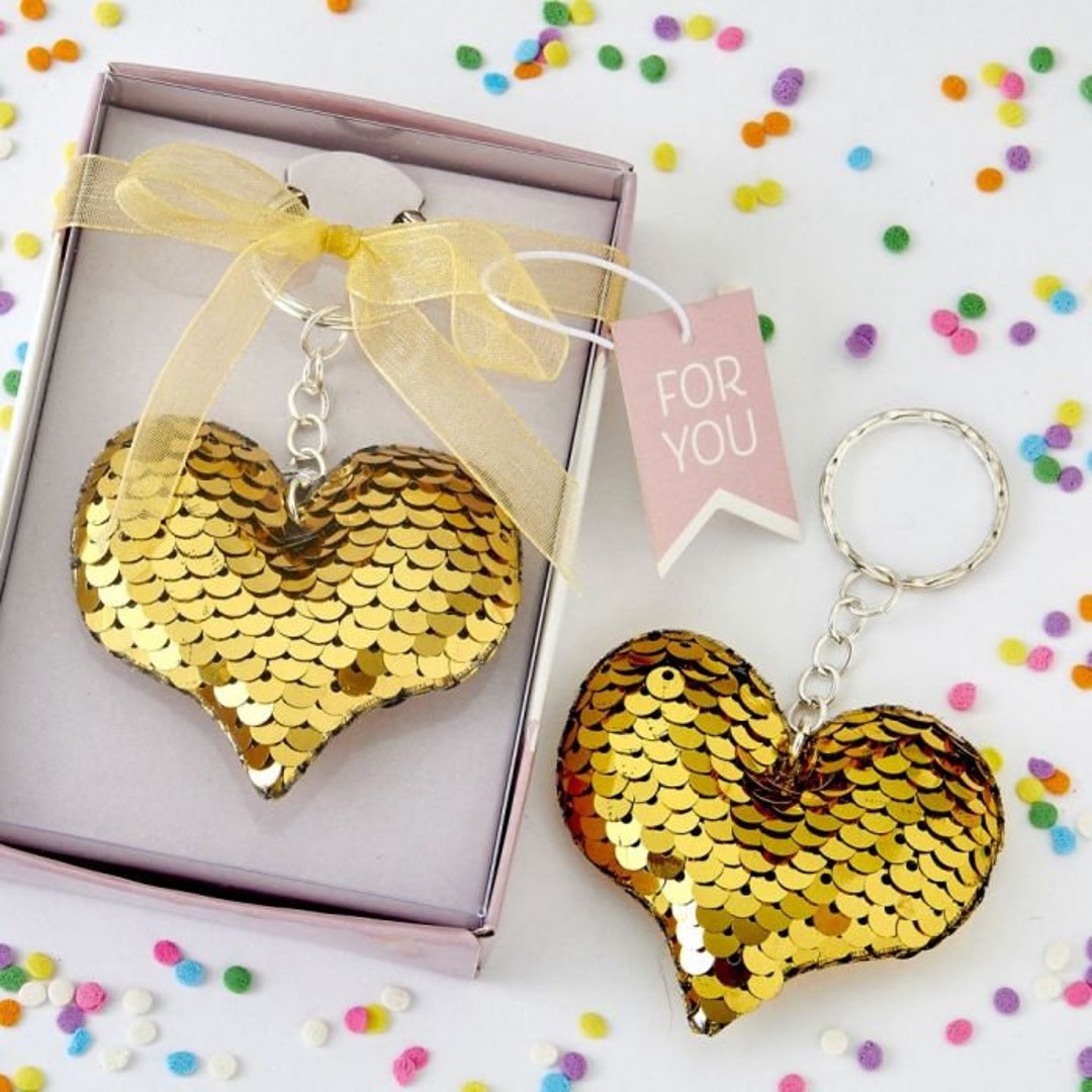 Sequin Heart Key Chain Favor, Gold and Silver Sequin Heart, Valentine