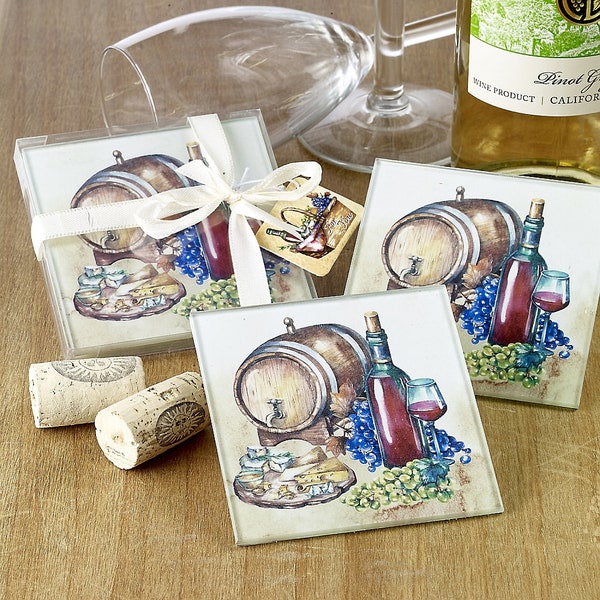 Wine Design Glass Coaster Set Pack of 2, Winery Themed Favor, Winery Trip, Wine Event Favor, Wine Country, Wine Tasting Favor, Wine Gift