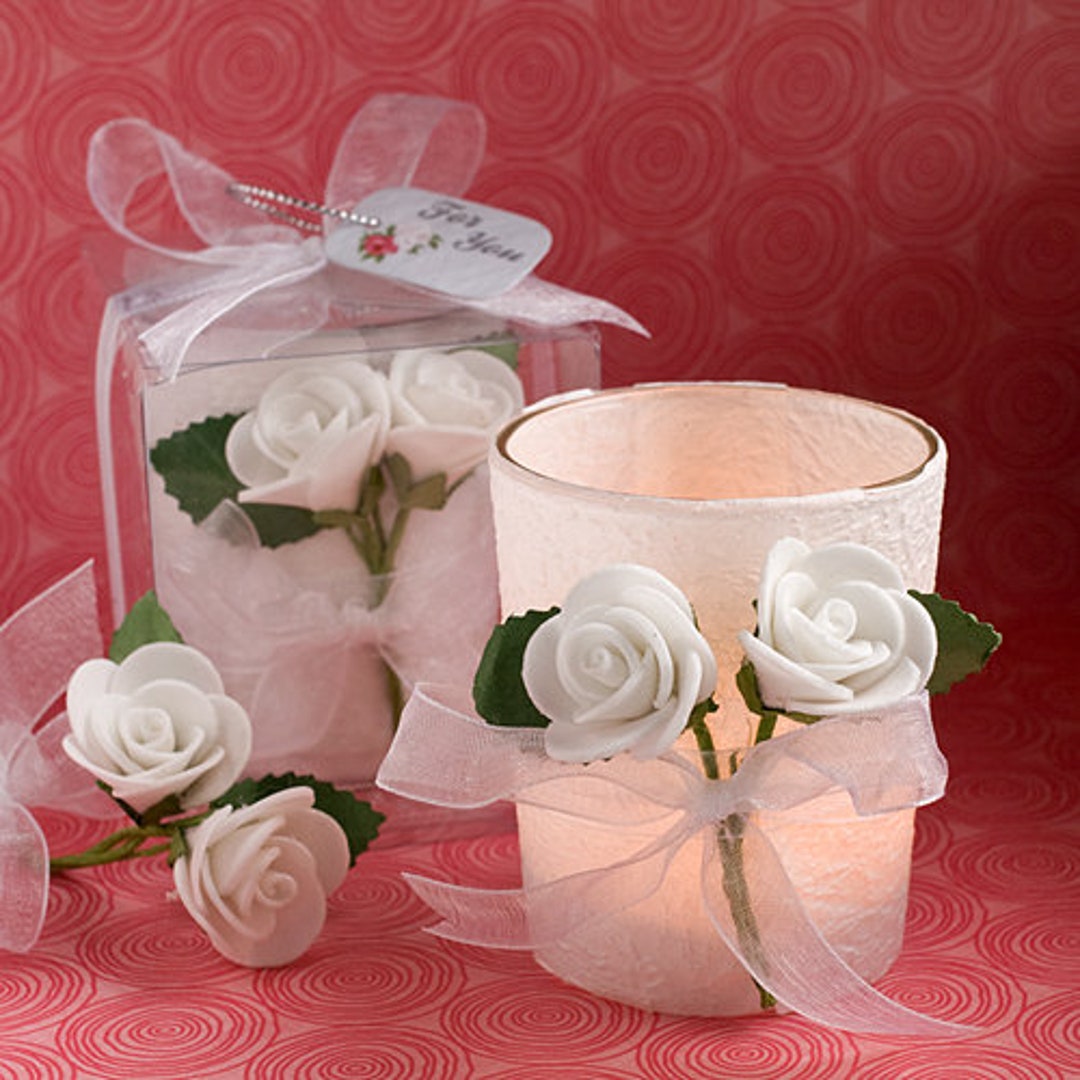 White Rose Candle Holder Favor, Rose Candle Votive, Rose Themed Favor ...