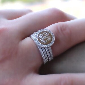 Monogram CZ Stackable Ring With Straight Bands, Engraved CZ Ring ...