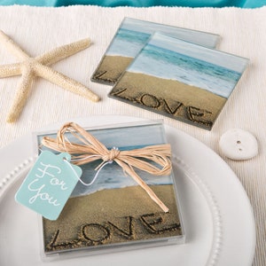 Beach Themed Love Glass Coaster Set Pack of 2, Beach Theme Party Favor, Summer Wedding, Summer Party, Tropical Theme, Destination Wedding