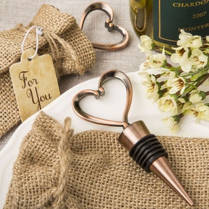 Copper Heart Metal Bottle Stopper Favor, Copper Heart Wine Stopper in Burlap Bag, Heart Shaped Metal Bottle Stopper