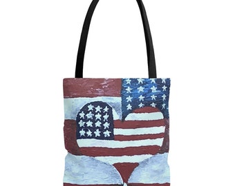 New Small Handmade Americana Flag Flowers Summer Country Denim Tote Bag