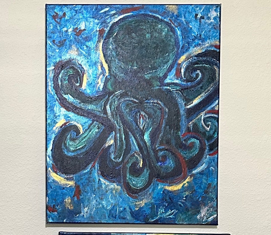 オリジナルメタリックアクリルタコ絵画、16x20印象派ウォールアート