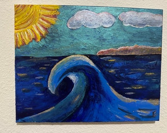 Wave, Original Painting, Metallic Acrylic Painting by EF Kelly, Beach Art, Ocean Art