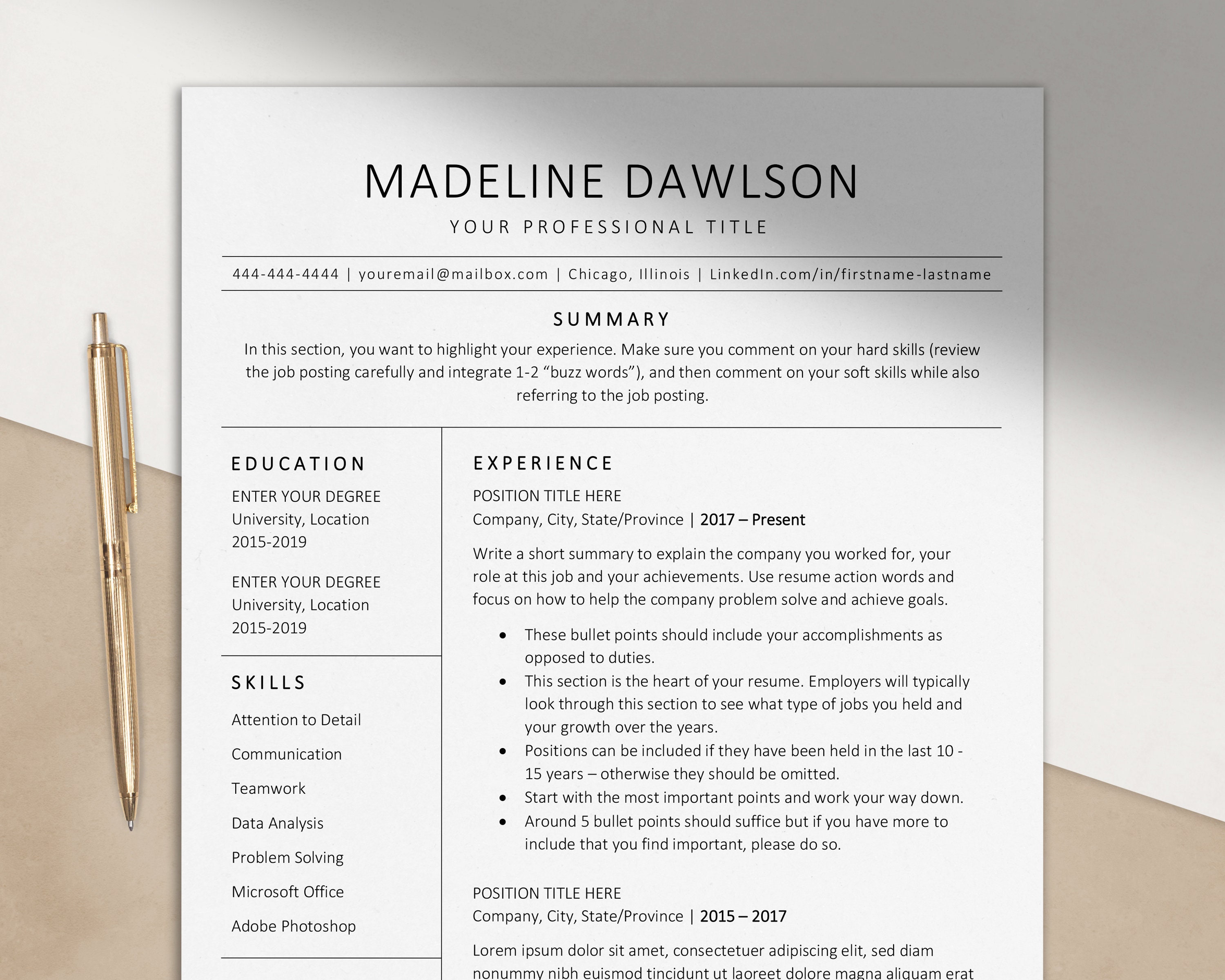 Simple Two Page Resume Template for Microsoft Word and Apple Etsy Simple Two Page Resume Template for Microsoft Word and Apple Etsy