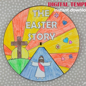 The Easter Story Craft for Kids, Sunday School Craft, Bible Story Craft, Easter Story Coloring Wheel, Holy Week, He Is Risen, Printable