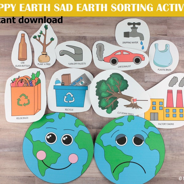 Earth Day Activity for Kids - Happy Earth Sad Earth Sorting Activity for Montessori Preschool, Homeschool and Childcare -  Printable