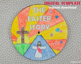 The Easter Story Craft for Kids, Sunday School Craft, Bible Story Craft, Easter Story Coloring Wheel, Holy Week, He Is Risen, Printable