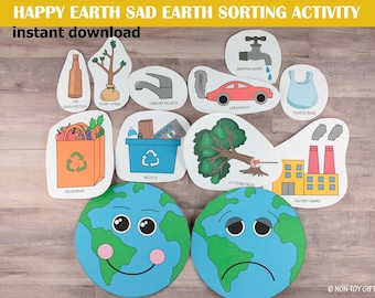 Earth Day Activity for Kids - Happy Earth Sad Earth Sorting Activity for Montessori Preschool, Homeschool and Childcare -  Printable