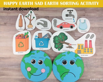 Earth Day Activity for Kids - Happy Earth Sad Earth Sorting Activity for Montessori Preschool, Homeschool and Childcare -  Printable