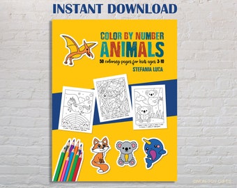 Kleurboek voor kinderen, 50 kleuren op nummer dieren, PDF-kleurplaten, activiteitenboek voor meisjes en jongens, afdrukbare kleurplaten kleuters
