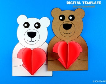 Valentine Bear Craft voor kinderen, Valentijnsdag 3D Heart Bear Craft, Preschool Bear Printable, Maak een beer, Teddybeer met hart