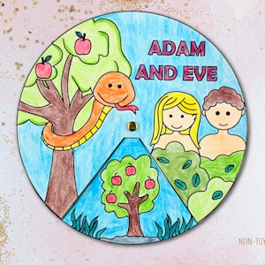 Engaging Adam and Eve spinner craft for kids to learn the Bible creation story through hands-on play. Features fun, rotating illustrations of Adam, Eve, the serpent, and the Garden of Eden. Ideal for preschool, homeschool, or Sunday School lessons. Printable in both color and black-and-white versions for easy customization. Great for developing fine motor skills and Bible story comprehension.