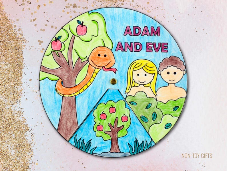 Engaging Adam and Eve spinner craft for kids to learn the Bible creation story through hands-on play. Features fun, rotating illustrations of Adam, Eve, the serpent, and the Garden of Eden. Ideal for preschool, homeschool, or Sunday School lessons. Printable in both color and black-and-white versions for easy customization. Great for developing fine motor skills and Bible story comprehension.