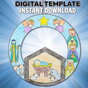 May include: A circular digital template with a nativity scene illustration. The design features angels, a star, the three wise men, and the baby Jesus in a manger. The text "DIGITAL TEMPLATE INSTANT DOWNLOAD" is at the top.