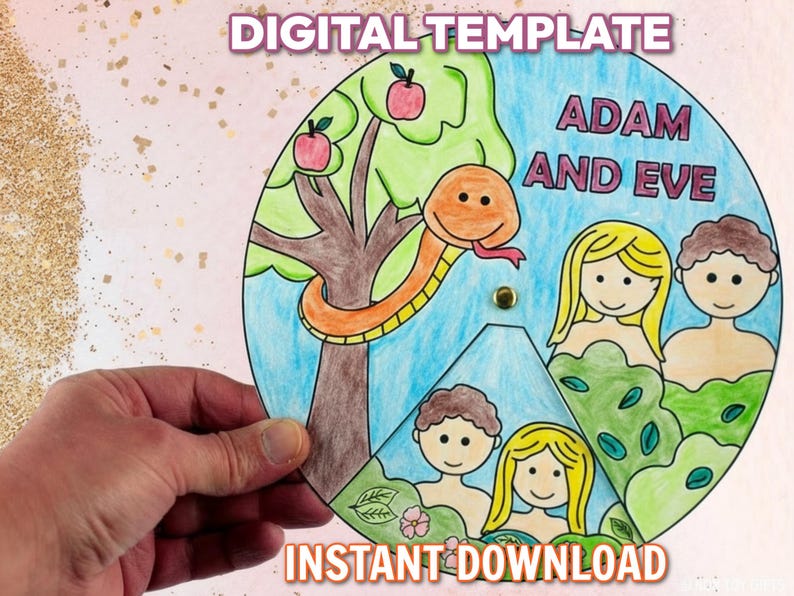 Printable Adam and Eve spinner craft for kids featuring rotating scenes from the Genesis creation story. Designed for preschool, homeschool, or Sunday School use, this interactive paper craft helps children learn about Adam, Eve, the Garden of Eden, the serpent, and the Tree of Knowledge. Includes color and black-and-white versions for printing and easy assembly.