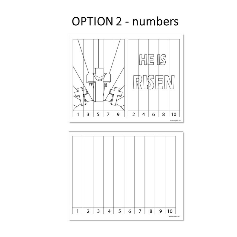 May include: A black and white printable Easter craft activity with the words "He is Risen" and a cross with a robe. The activity is numbered 1 through 10.