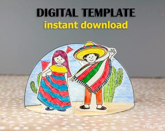 Cinco de Mayo Paper Craft Diorama - Mexican Fiesta Coloring Activity Printable - Cactus + Sombrero
