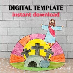 Peut inclure: Un modèle d'artisanat de Pâques imprimable avec un lever de soleil coloré, trois croix, un tombeau et Jésus debout au-dessus. Le texte "téléchargement instantané" est inclus dans l'image.